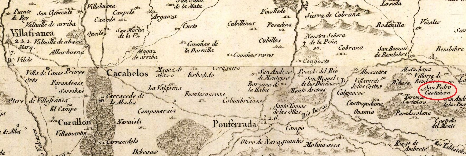 Detalle del “Mapa del Partido de Ponferrada, que suelen llamar regularmente Provincia del Bierzo”, Autor: Tomas López, Año de 1786